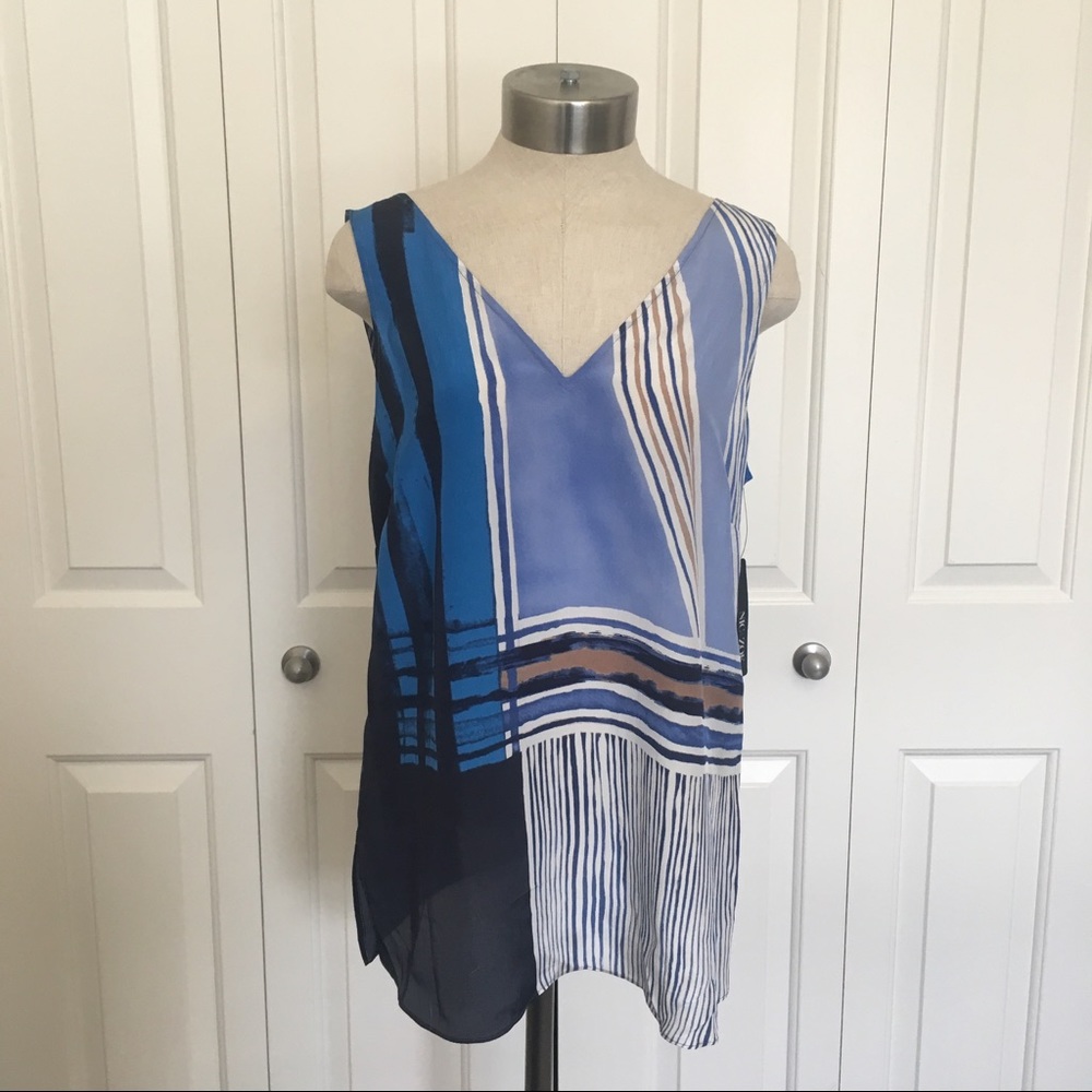 Nic + Zoe Blue Blocks Silk Bend Tank